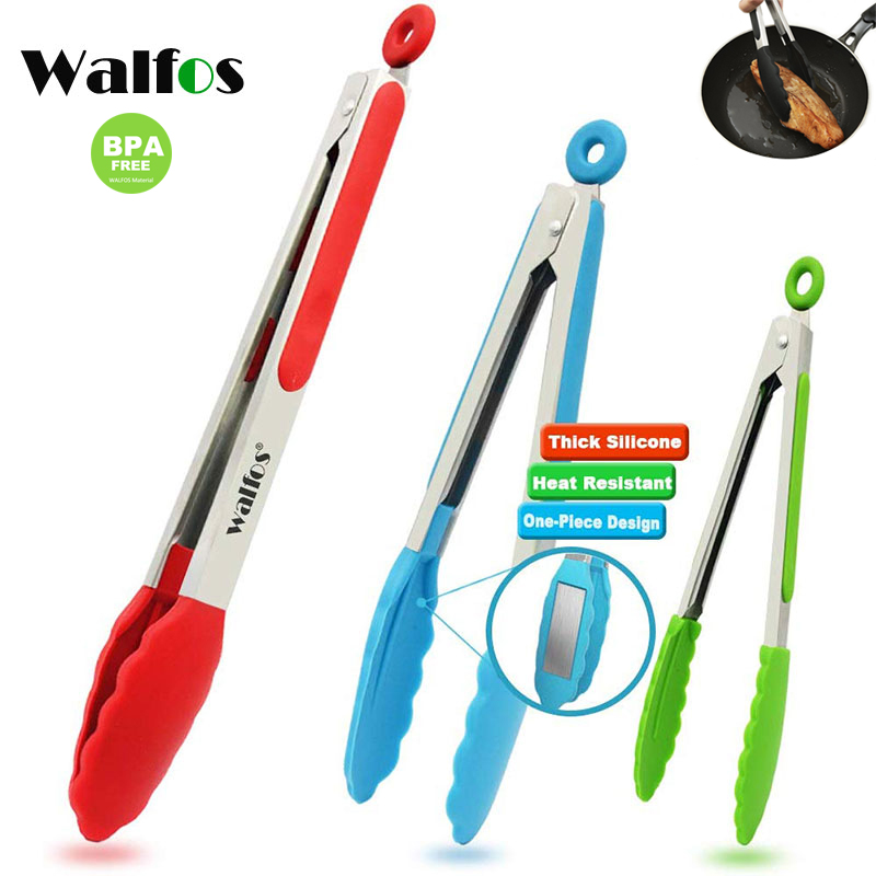 WALFOS Food Grade 100% Non Stick Silicone Tongs Kitchen Tongs Utensil Cooking Tong Clip Clamp Accessories Salad Serving BBQ Tool