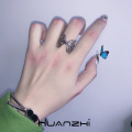 HUANZHI 2020 New Korean Punk Vintage Adjustable Silver Color Butterfly Open Metal Rings for Women Men Party Jewellery