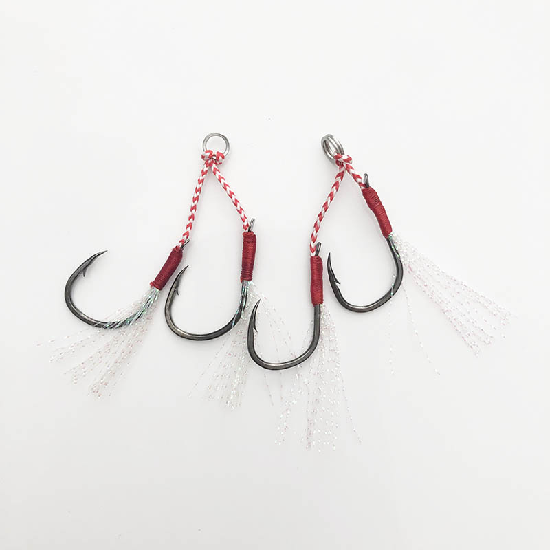 20pairs Assist Hook Barbed Double PairHooks Thread Feather Pesca High Carbon Steel fishing lure slow jigging Fishing hook peche