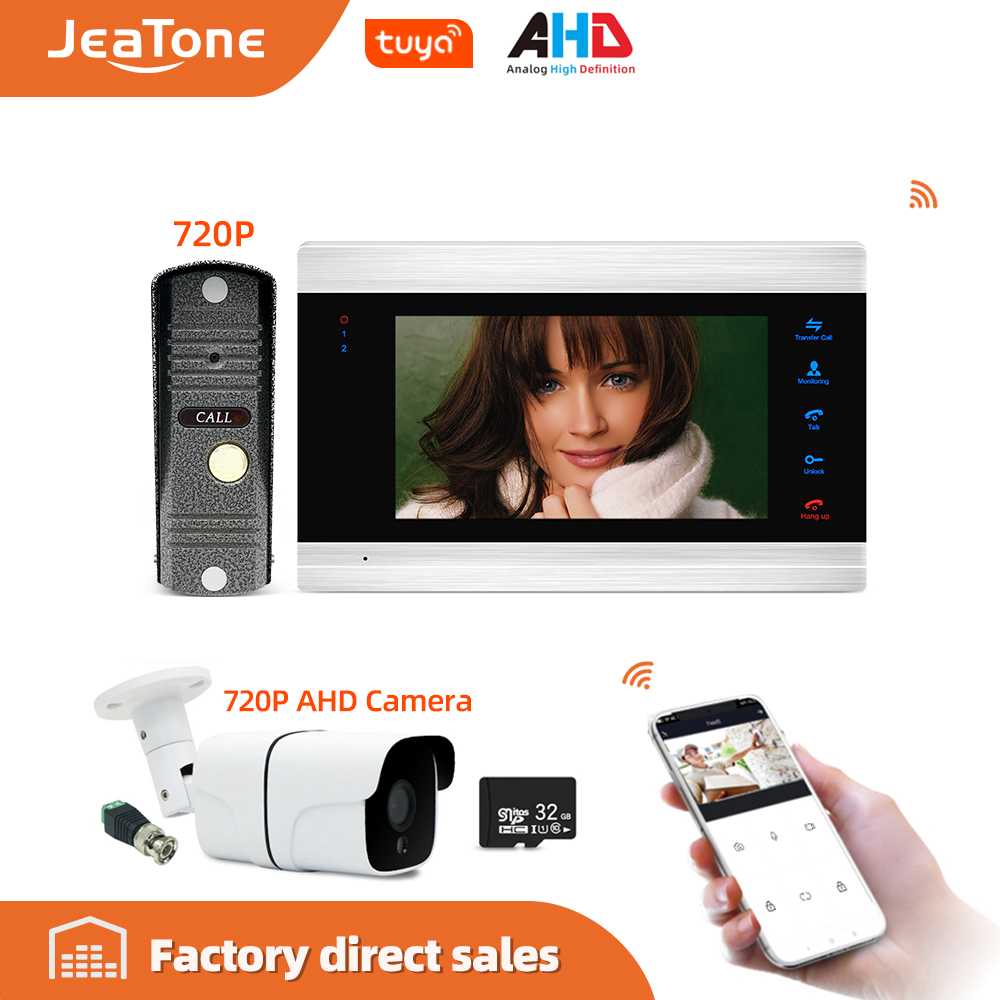 Jeatone 7'' Tuya WiFi IP Video Door Phone Intercom System+Waterproof 720P Mini Doorbell and CCTV Camera , Support Remote unlock