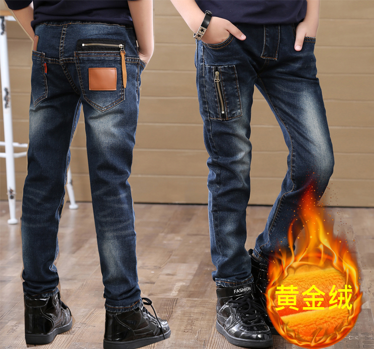 4-12year Children Thick Denim Pants Teens Winter Plus Velet Warm Zipper Pocket Decoration Boy Jeans Full Length Trousers