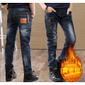 4-12year Children Thick Denim Pants Teens Winter Plus Velet Warm Zipper Pocket Decoration Boy Jeans Full Length Trousers