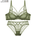 Sexy bra set with green thin belt slim underwear transparent thin lace large size small bra