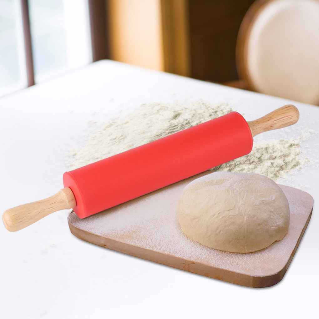 Non-Stick Silicone Rolling Pin Wooden Handle Bar Pastry Baking Tool Bakeware Kitchen Gadgets