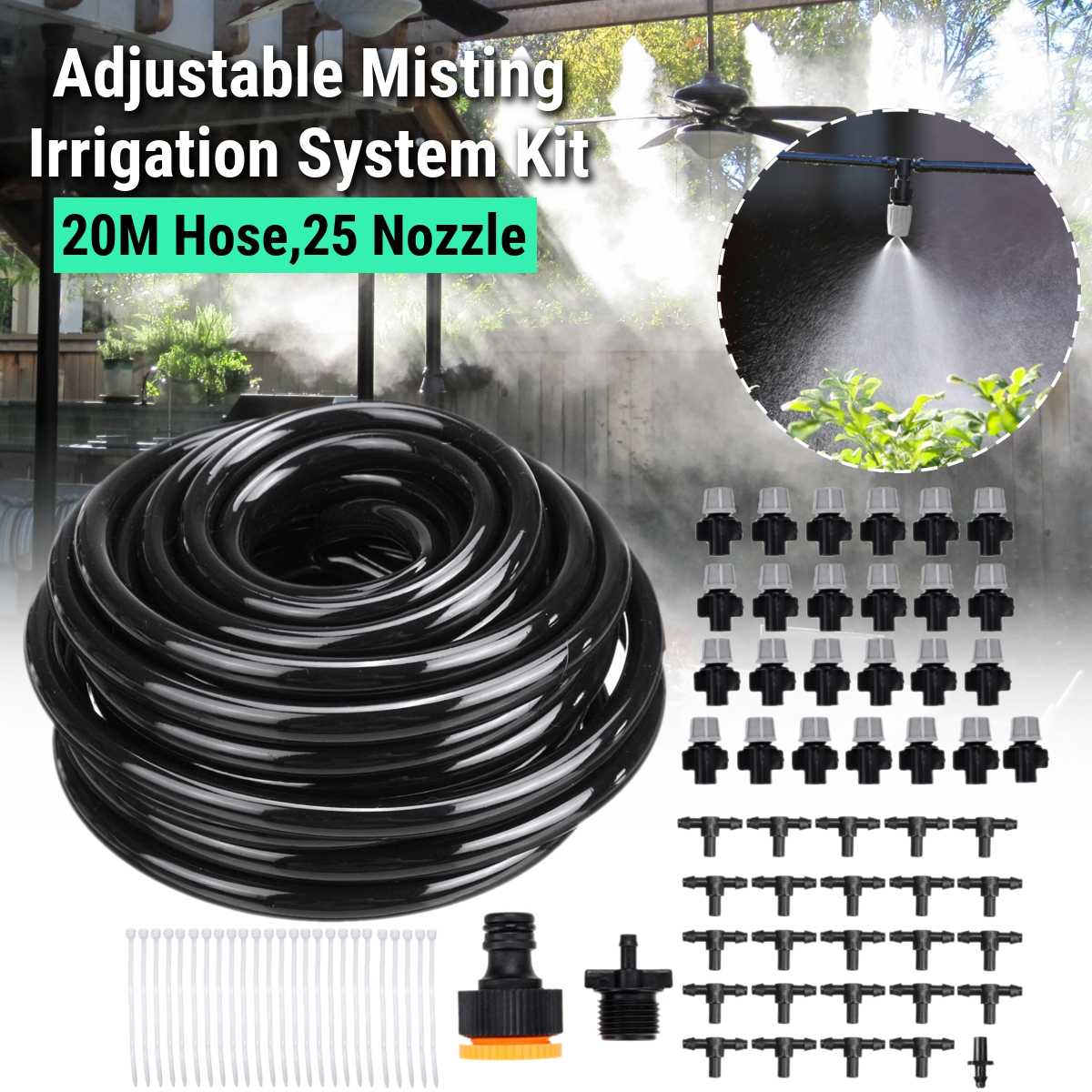 20M Automatic Garden Watering System Kits Self Garden Irrigation Watering Kits Micro Drip Mist Spray Cooling System w/25 Nozzle