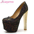 Lasyarrow Brand Shoes Women Platform High Heels Pumps Round Toe Bling Bling Silver Party Wedding Shoes Thick Heels Big Size F79
