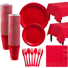 Red Solid Color Party Set Disposable Plastic Plate Cup Tablecloth Birthday Party Wedding Decoration For 10 People