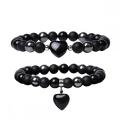 2 Pc a Set Gemstone Round Beads With Heart Charm Bracelets Black Matte Onyx Stone Stretch Bracelet Natural Stone Crystal Bangle