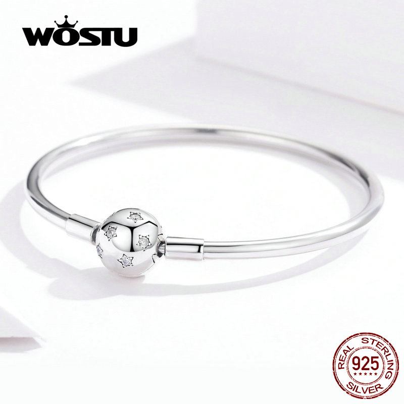 WOSTU Sparkling Stars Bracelets 100% 925 Sterling Silver Zircon Round Charm Bracelets Bangle For Women Silver 925 Jewelry CQB144