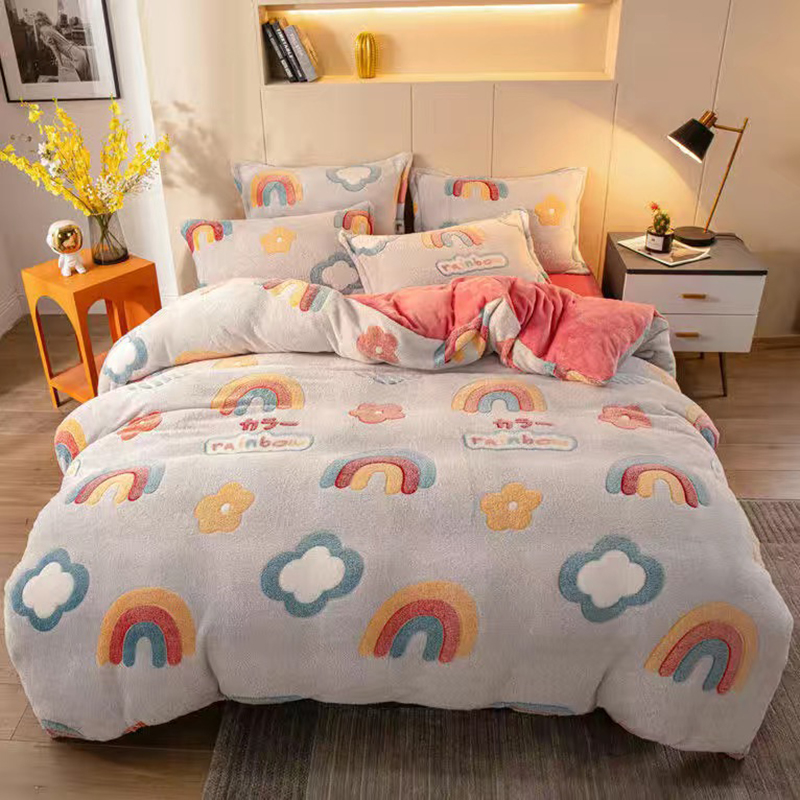 JUSTCHIC Kids Duvet Cover Unicorn Rainbow Cartoon Girls Bedding Winter Warm Thicken Snowflake Velvet Comforter Set Room Decor