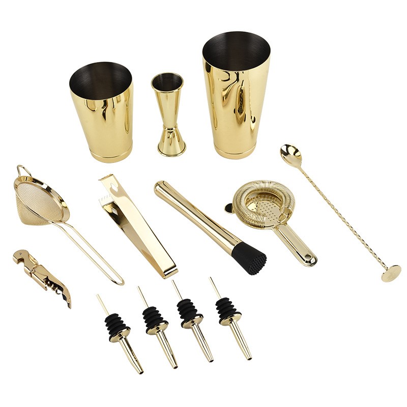 Cocktailshaker 13-piece Gold Boston Shaker Bar Set: 2 Shakers, Cocktail Strainer Set, Double Jigger, Cocktail Muddler and Spoon