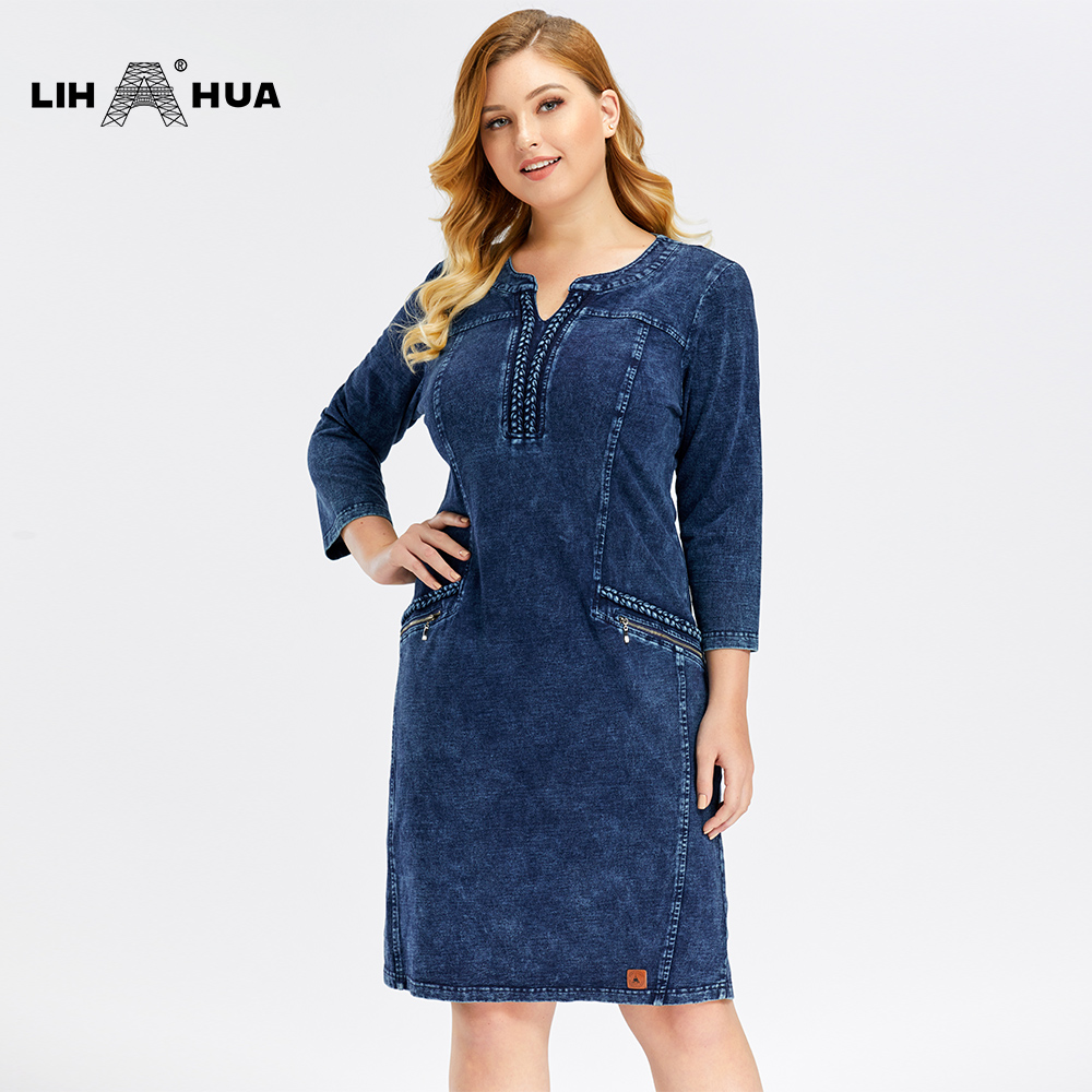 LIH HUA Women's Plus Size Denim Dress Elasticity Knitted Denim Dresses Slim Fit Casual Dress Shoulder Pads Midi Dress