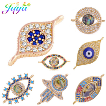 Juya DIY Micro Pave Blue Crystals Enamel Greek Turkish Evil Eye Charm Connector Accessories For Women Bracelets Earrings Making