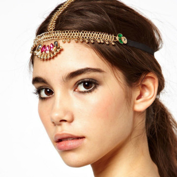 New Fashion Indian Forehead Jewelry Gold Color Chain Crystal Elastic Wide Hairbands Headdress Hair Accessories