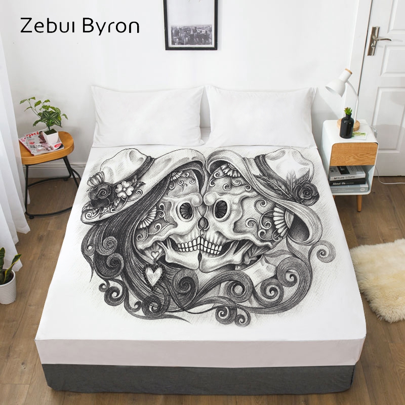3D HD Print Fitted Sheet,Bed Sheet With Elastic Twin/Full/Queen/King/Custom,Mr&Ms Skull marry Mattress Cover 150/180/160x200