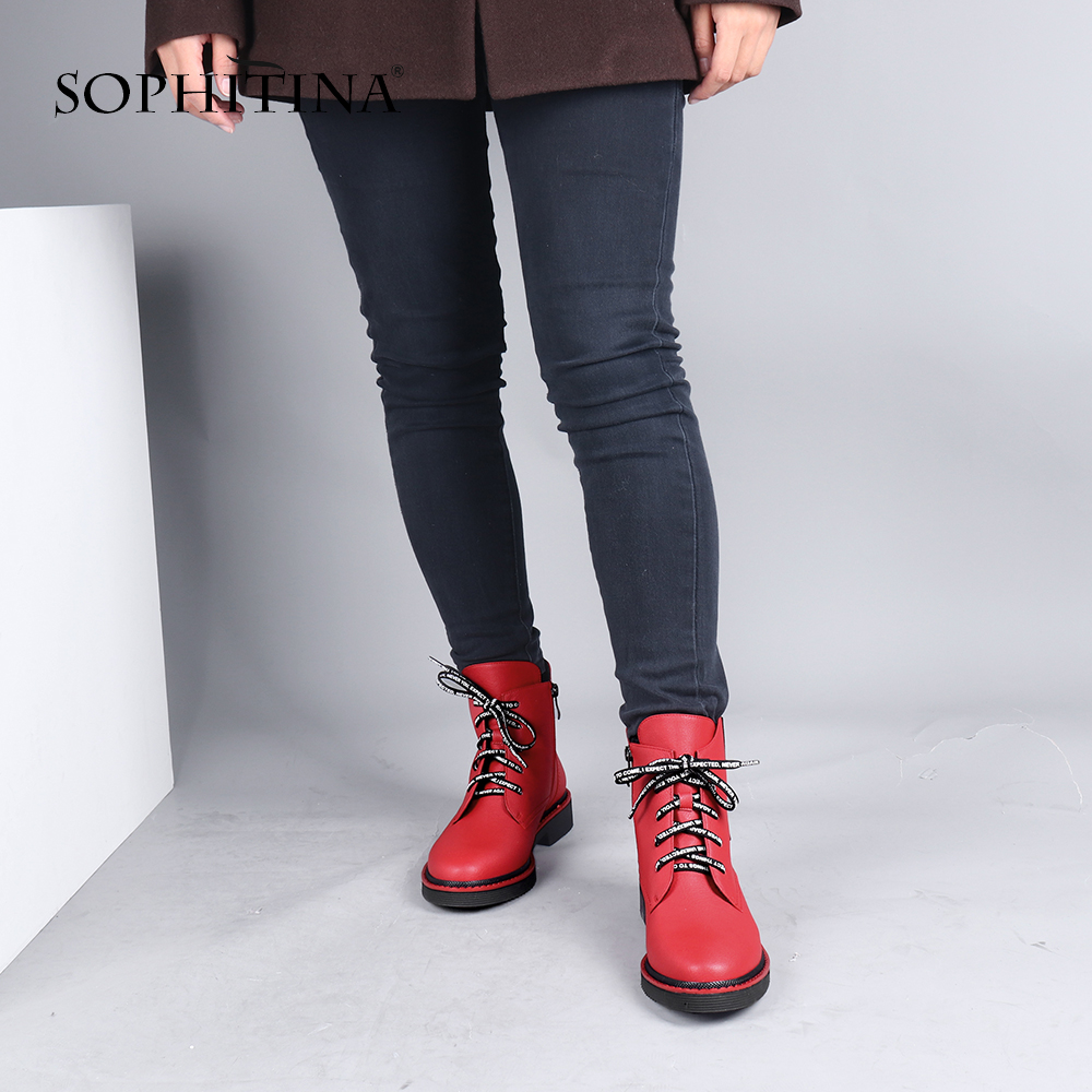 SOPHITINA Ankle Boots Red Black Cow Leather Comfortable Casual Shoes Woman High Quality Zipper Round Toe Flat Boots C642