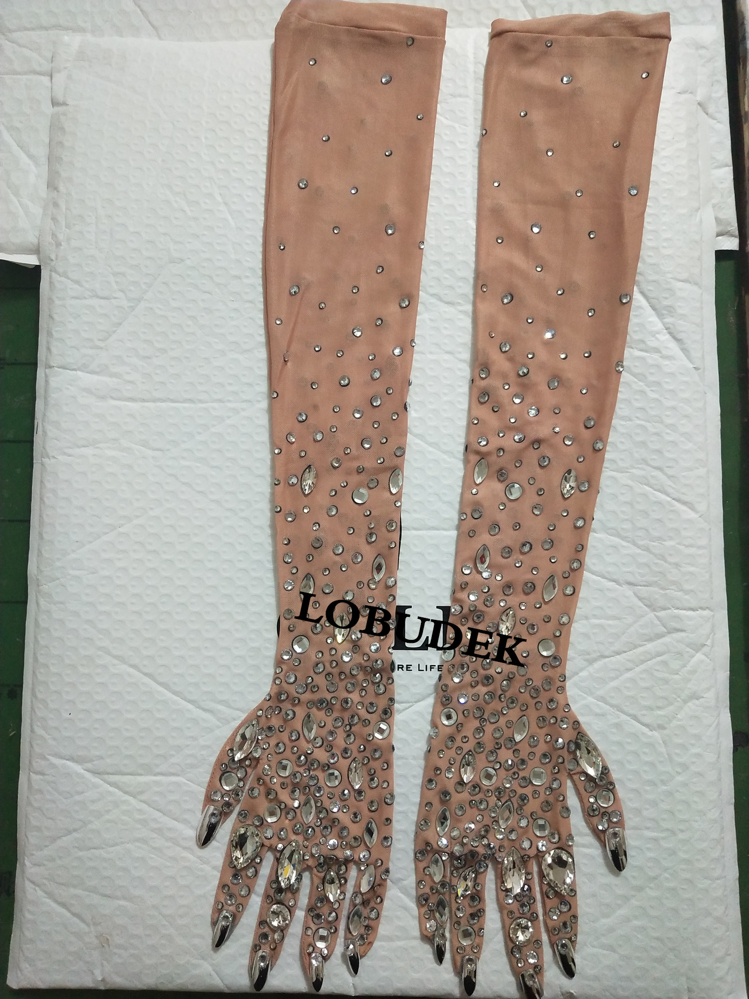 Stretch Rhinestones Gloves Fashion Mesh Transparent Long Mittens Lady Singer Dancer Stage Performance Wear Crystal Stones Gloves