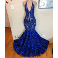 2020 Royal Blue Mermaid Prom Dresses See Through Sparkly Sequins Deep V Neck Halter 3d flower African Cheap Formal Evening Gowns