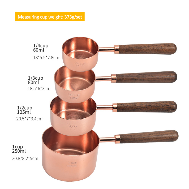 4pcs/set Rose Gold Measuring Cups Measuring Spoon Scoop Walnut Wooden Handle Kitchen Measuring Tool Plating Measuring Cups Spoon