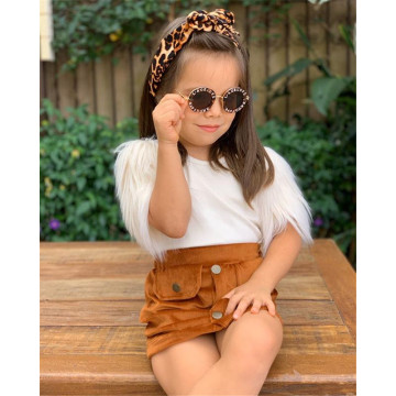 2-8Y Girls Fashion Clothing Sets Children Kids Baby Girls Fur Shorts Sleeve T-shirts Tops+Button Skirts Casual Clothes Outfits