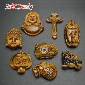 2pcs Natural Tiger Eyes Fine Carved Craft Pendants Cross Buddha Pixiu Jesus Fashion Unisex Jewelry Charms