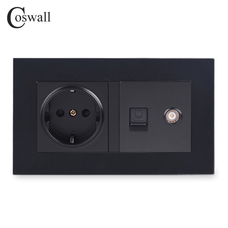Coswall Simple Style PC Panel EU Russia Spain Wall Socket + Female TV Connector With CAT5E RJ45 Internet Data Computer Jack
