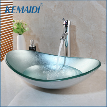 KEMAIDI Bathroom Washbasin Countertop Tempered Glass Basin Sink Faucet Set Brass Waterfall Faucet Washroom Vessel Vanity Bar