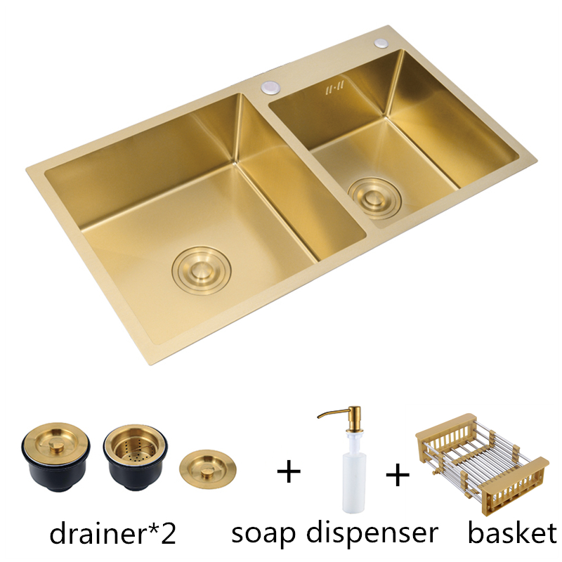 Household Double sink Above Counter 304 Stainless Steel Brushed Gold Kitchen Sink with Faucet Under Mount Farmhouse Sink 80x45cm