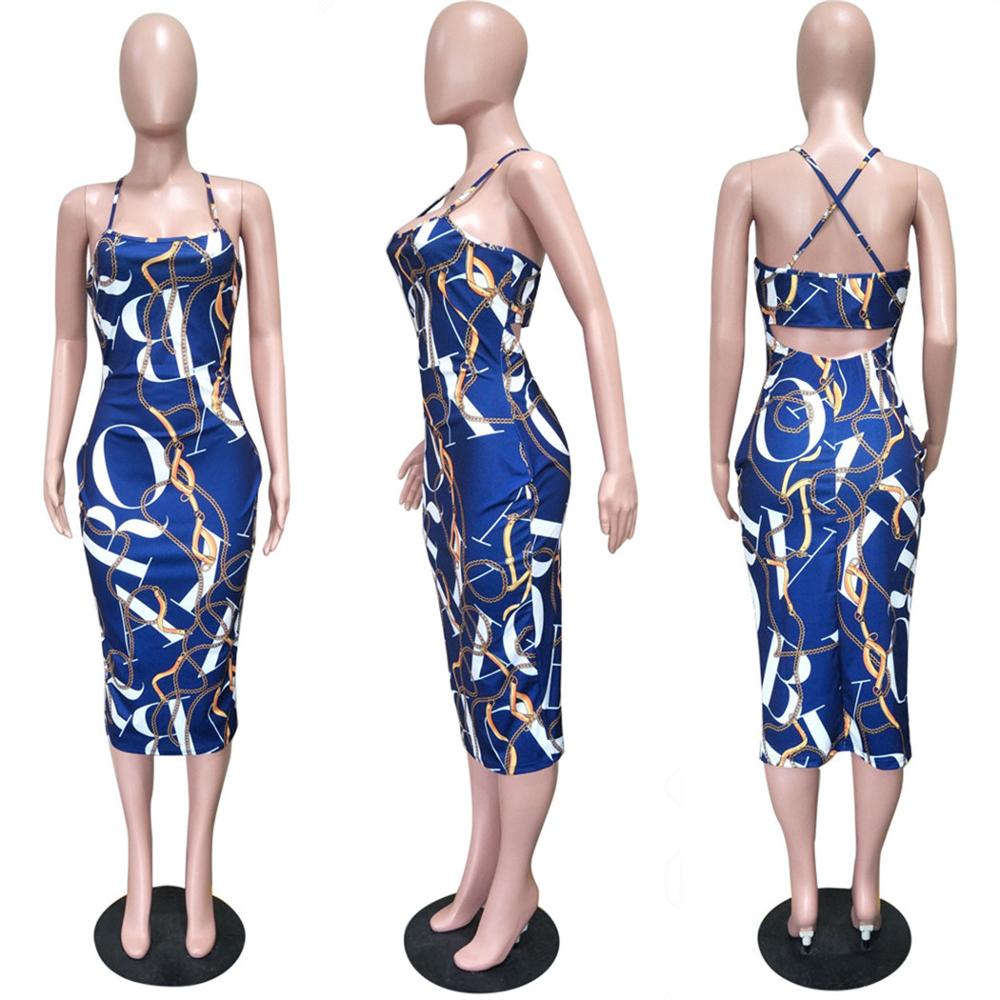 2019 women spaghetti strap chain letter print sleeveless bodycon midi dress pencil open back club party dresses 4 color LS6242