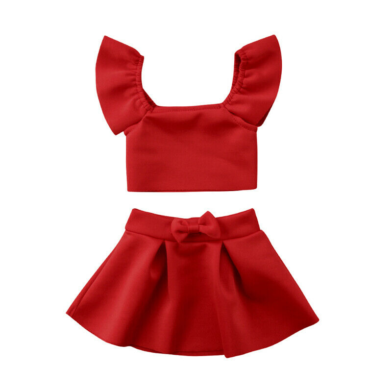 2020 New Fashion Girls Red Clothes Sets Toddler Kids Off Shoulder Tops Bow Skirt 2pcs Summer Outfits Clothing for 0-4Years
