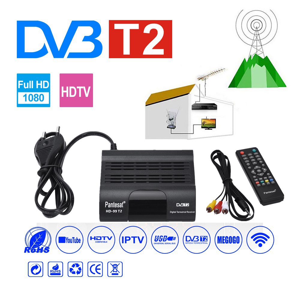 Pantesat HD99 FTA HEVC 265 DVB T2 Digital TV Tuner H.265 TV Receptor Full HD DVBT2 Set-top Box Wifi Receiver DVB-T Youtube