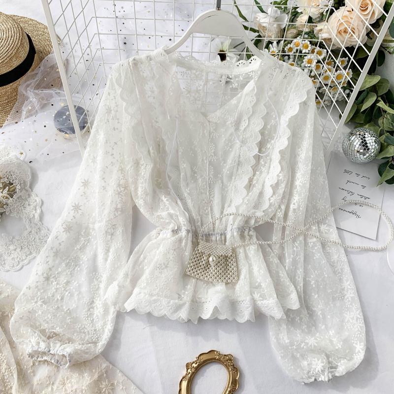 autumn lace blouse shirt ladies French retro palace lantern sleeves lotus leaf lace shirts 2019