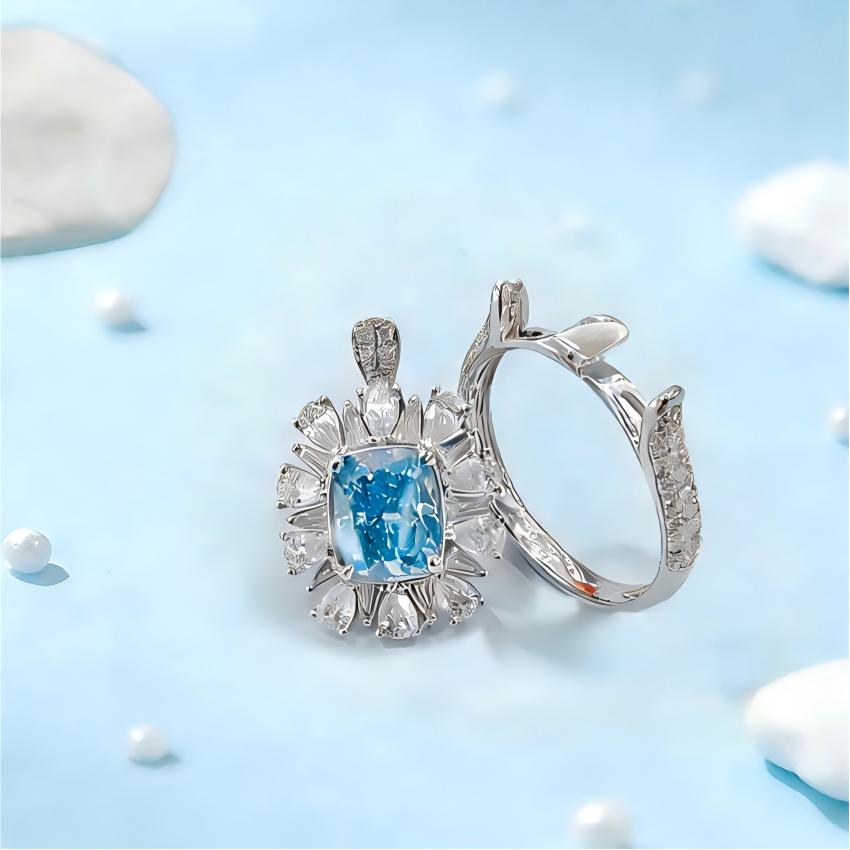 Cushion blue diamond ring and pendant structure separated