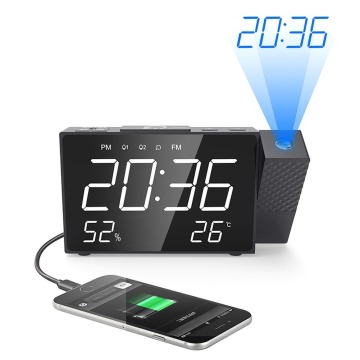 Digital Radio Projector Alarm Clock Power Back USB Charger Mirror Display Time Wake Up Desk Table Led Alarm Clock Temperature