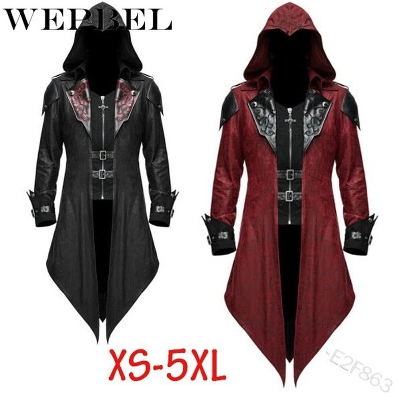 WEPBEL Mens Trench Coat Leather Hooded Medieval Gothic Renaissance Retro Punk Assassin Creed Long Sleeve Jackets