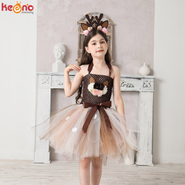 Deer Costume Girls Halloween Christmas Fancy Dress Flower Reindeer Bambi Kids Tutu Dress with Headband Children New Year Clothes