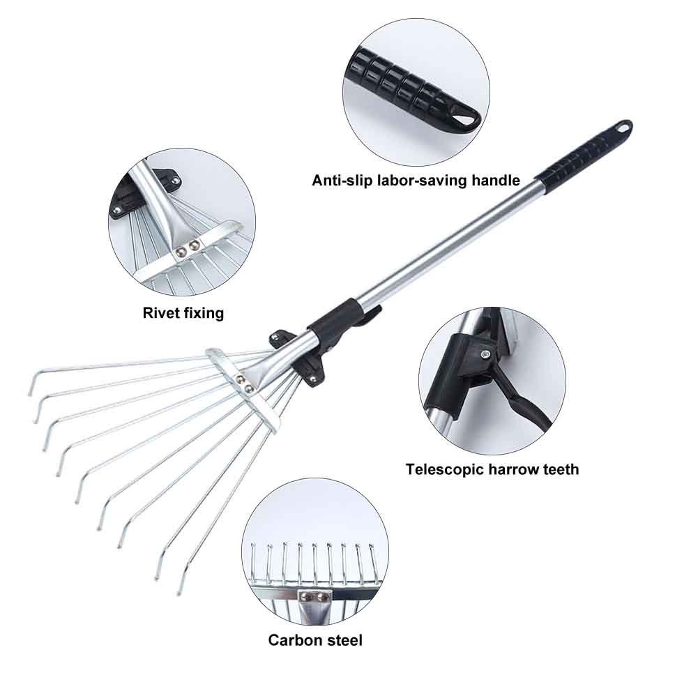 Expandable Hand Tool Garden Rake 9 Teeth Portable Telescopic Stainless Steel Agriculture Collect Loose Debris Lawns Lightweight