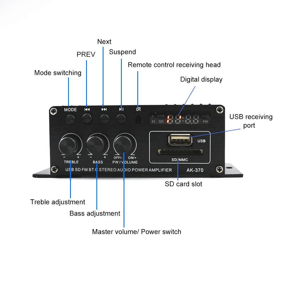 AK370 12V Mini Audio Power Amplifier Bluetooth Amplifier Audio Receiver MP3 Player FM Radio with Remote Control for Car/Home Use