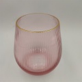 Hand Blown Pink Colored Glass Vase With Gold Rim