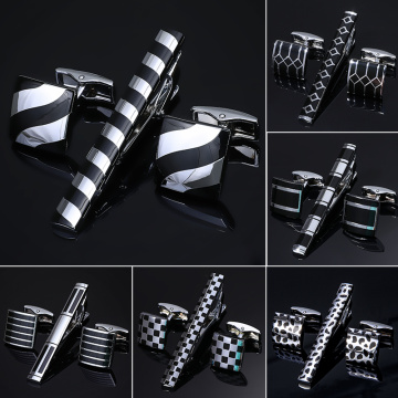 Hi-Tie Classic Business Square Black Brush Mens Cufflinks Tie Clips Set High Quality Necktie Pin Tie Bars Clip Clasp Drop Ship