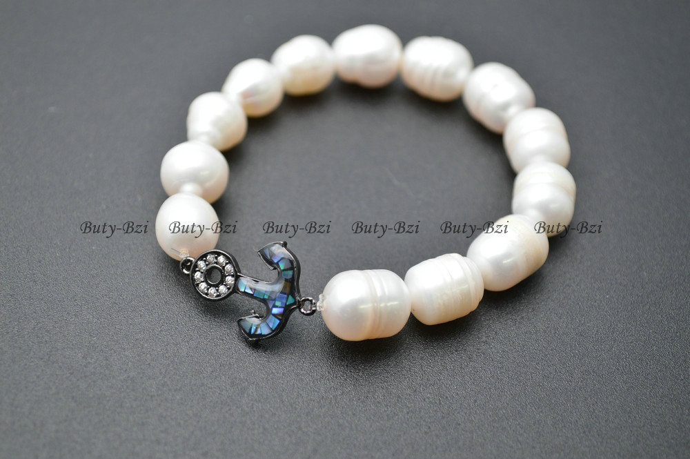 Paved CZ and Abalone Shell Metal Anchor Charm Natural Fresh Water Pearl Potato Beads Stretch Bracelets Fashion Jewelry Gift