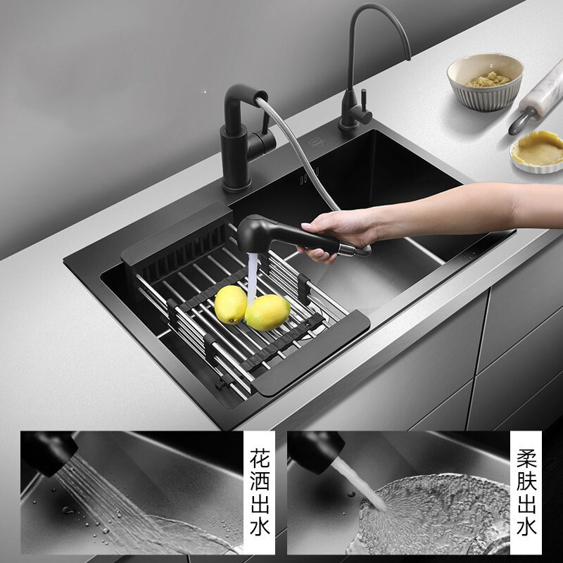 3mm Black Single Kitchen Sinks Multi Function Above Udermount Vegetable Washing Basin Sink for Kitchen Stainless Steel Hand Made