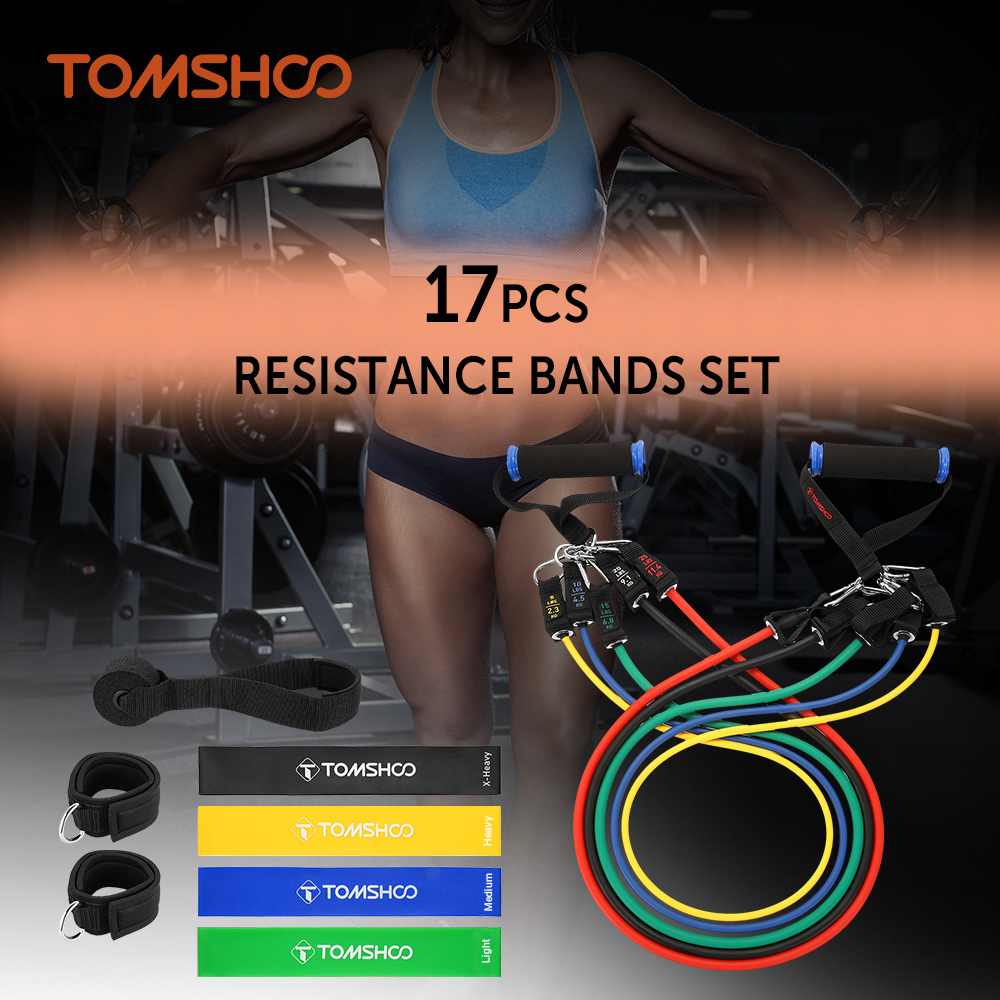TOMSHOO 17PCS Resistance Bands Set Workout Fintess Exercise Bands Loop Bands Tube Bands Door Anchor Ankle Straps Cushioned