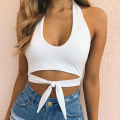 Orange Tank Top Women Sleeveless Hanging Neck Off Shoulder White Front Lace Up Knot Yellow Tops Sexy Summer White Tank Tops