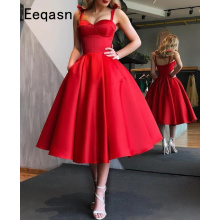 Elegant Red Short Cocktail Dresses Women Satin Party Dress Knee Length A Line Robe de Cocktail 2020 Prom Gown