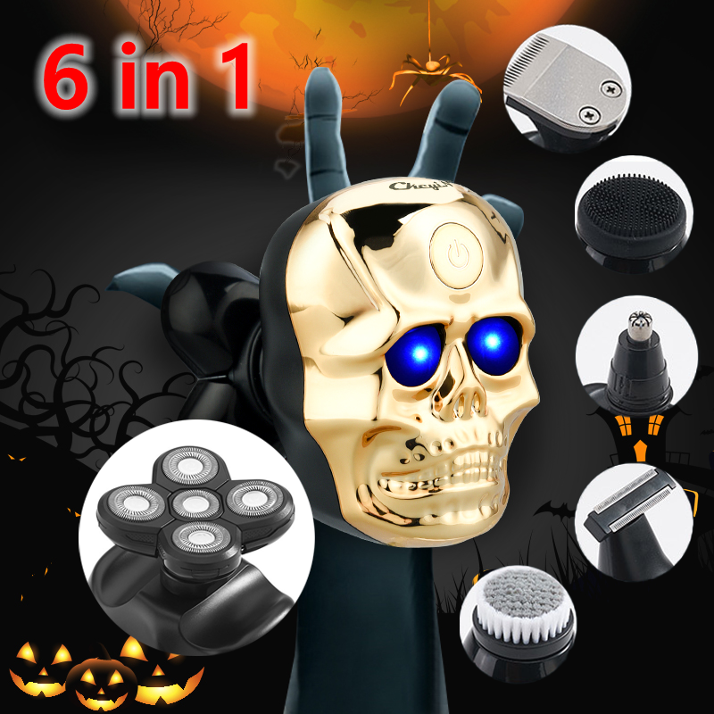 Skull Electric Shaver Men 6 in 1 Razor Bald Head Clipper Waterproof Beard Nose Ear Hair Trimmer USB Rechargeable Shaving Machine