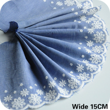 15CM Wide Blue Denim Fabrics Cotton Embroidered Flowers Guipure Lace Fabric Fringe Ribbon Dress Garment DIY Sewing Decoration