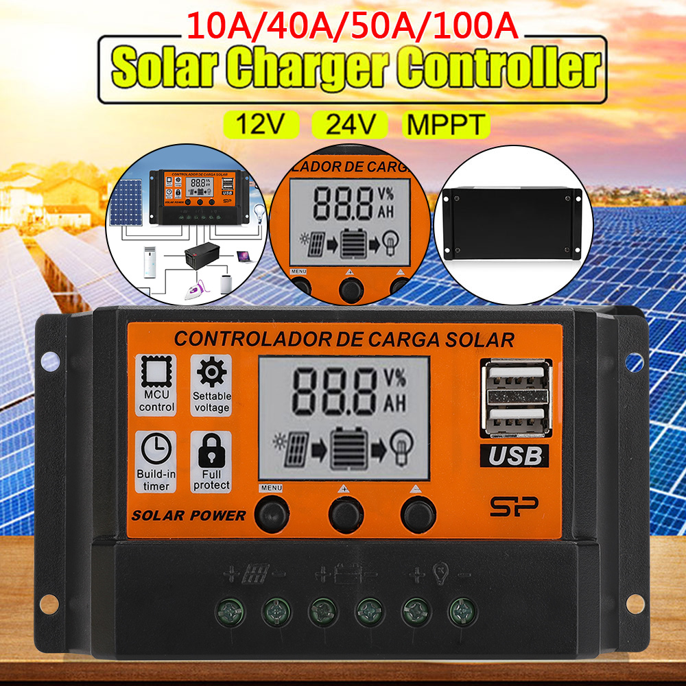 DC 12V/24V Solar Panel Controller 10A/40A/50A/100A Auto Solar Charge Controller PWM Controllers 5V/3A Dual USB Output