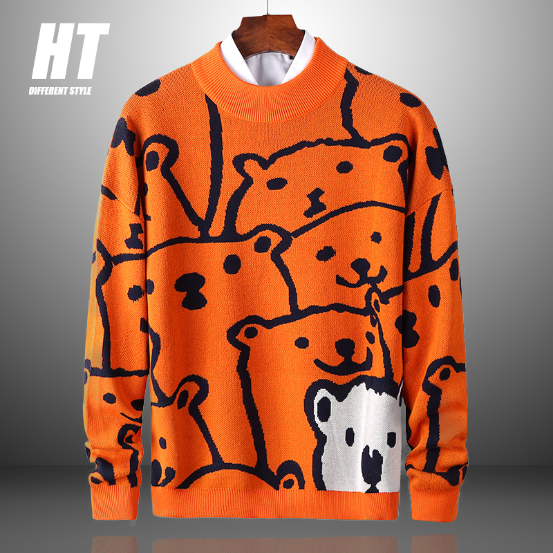 Polar Bear Pattern Mens Sweaters Fit Casual Slim Knitted Cotton Long Sleeve Sweater Warm 2020 Trendy Round Collar Pullovers Male