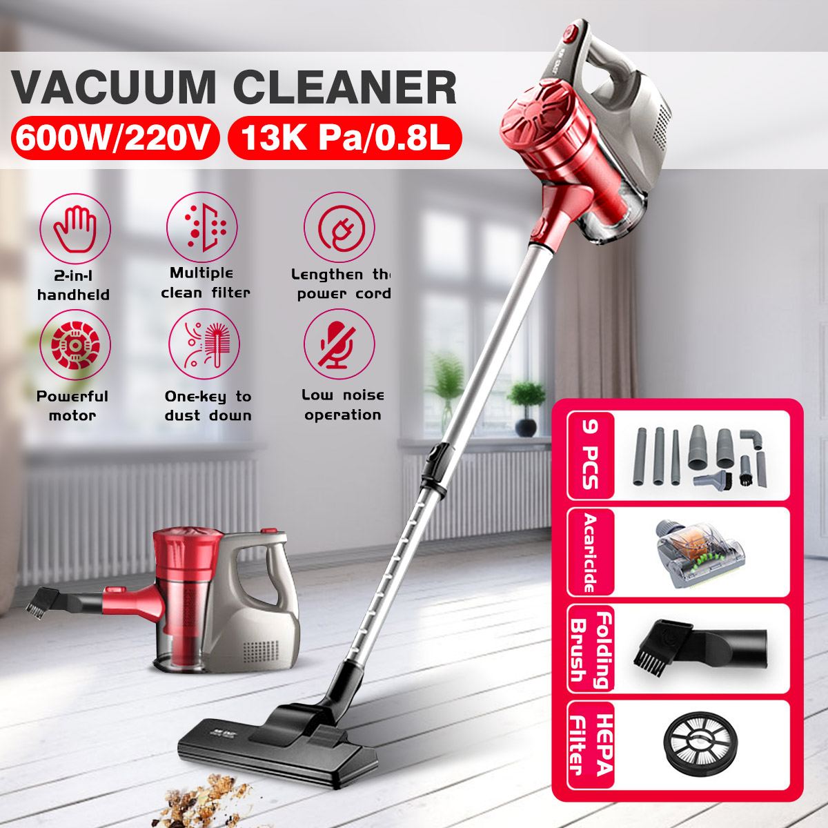 220V 800mL 13000Pa Handheld Vacuum Cleaner Corded Stick Household Vacuum Cleaner with HEPA Filter for Home Hard Floor Pet Car